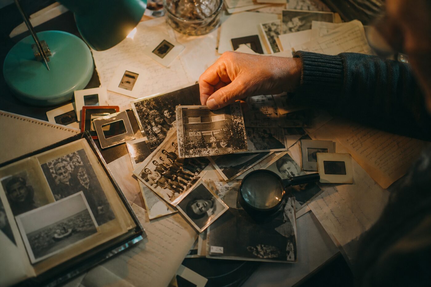 Руки двох поколінь перебирають старі чорно-білі родинні світлини на столі