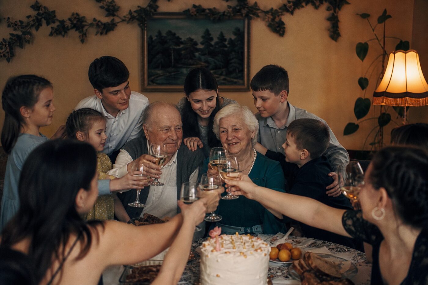 Родинне святкування з тостом за столом у вечірньому світлі